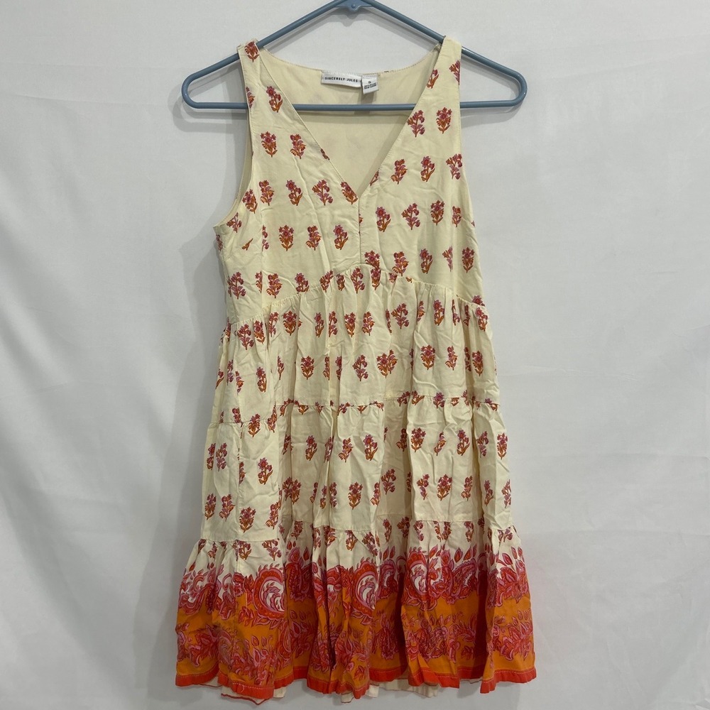 Sincerely Jules Women Cream Orange Pink Floral Paisley Tiered Mini Dress Small